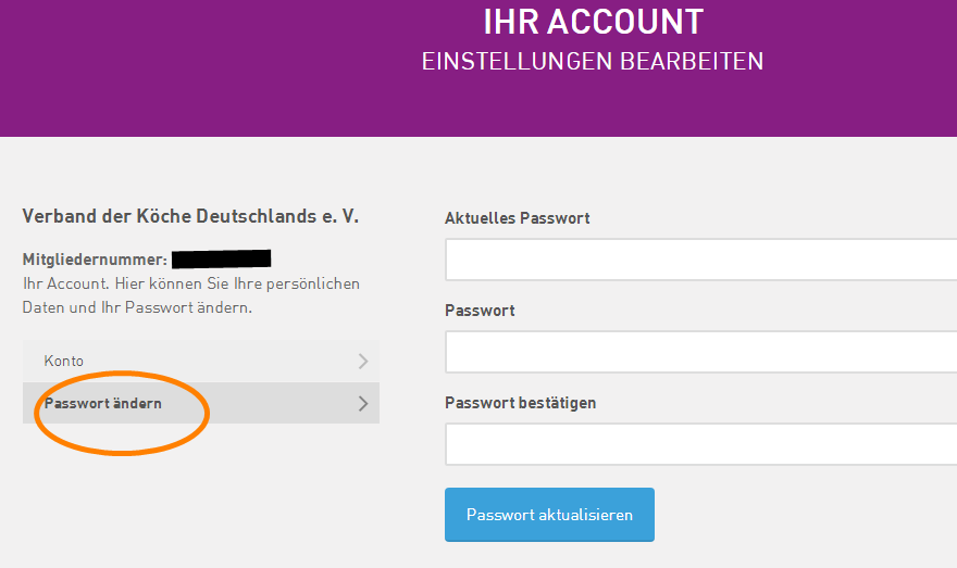 Im Account können Sie Ihr Passwort ändern.