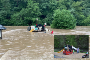 Unter Wasser: Der Kinderspielplatz der Gaststätte Rüdenstein versank in der Wupper. Foto: Gaststätte Rüdesten